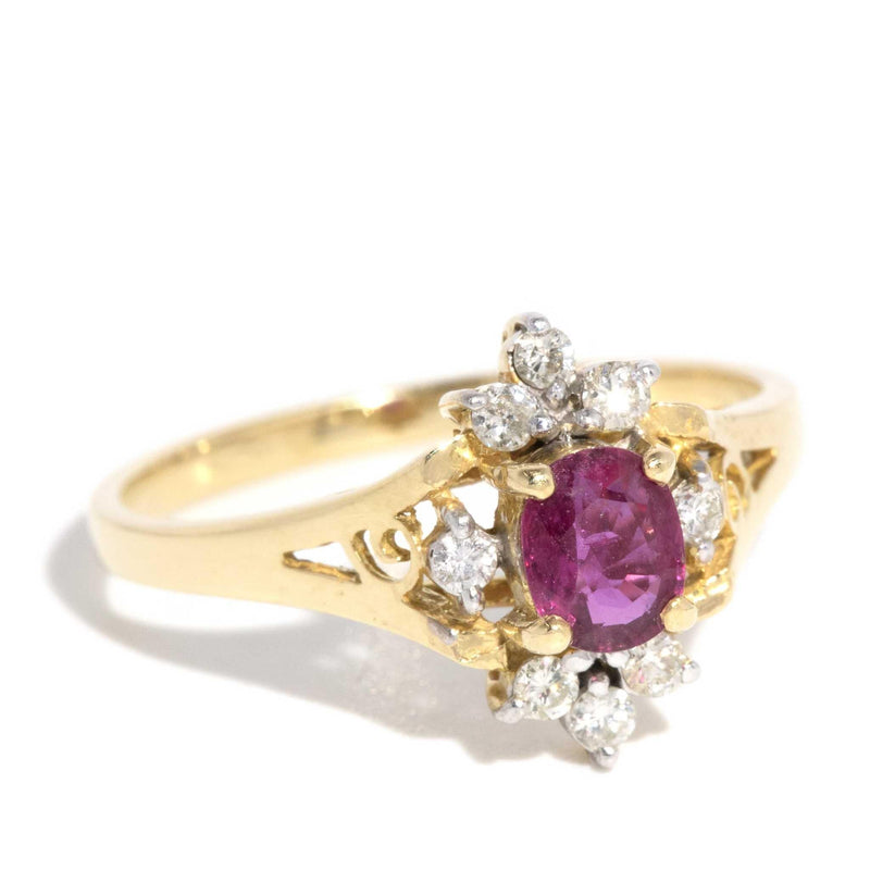 Adaline 1980s Ruby Diamond Halo 18ct Gold