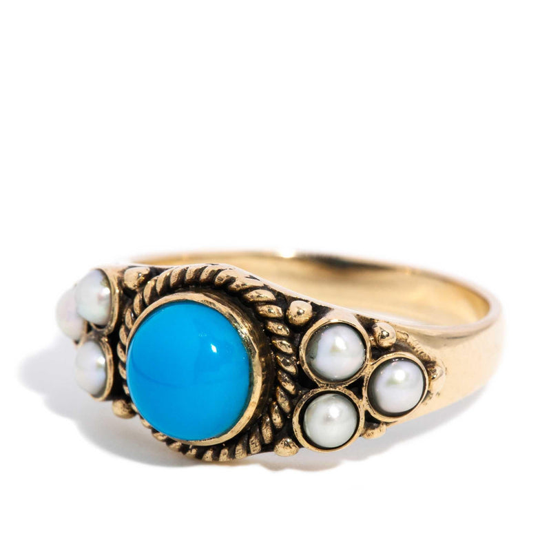 Aizen 1970s Seed Pearl & Turquoise Ring 9ct Gold