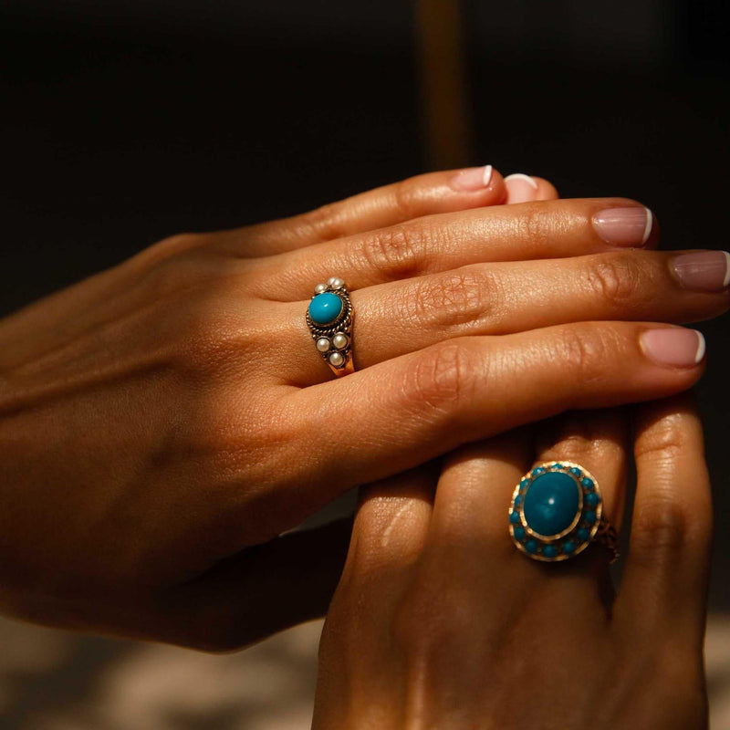 Aizen 1970s Seed Pearl & Turquoise Ring 9ct Gold