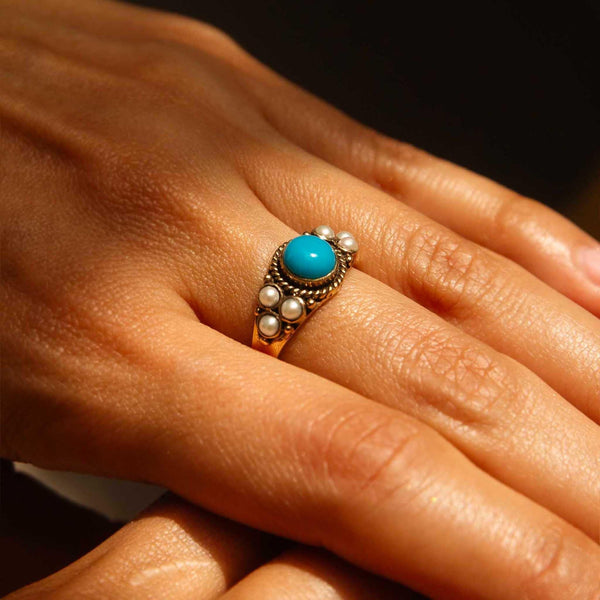 Aizen 1970s Seed Pearl & Turquoise Ring 9ct Gold