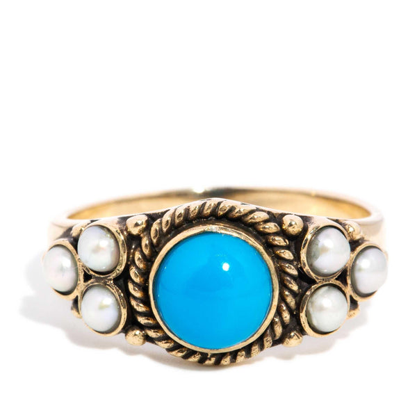 Aizen 1970s Seed Pearl & Turquoise Ring 9ct Gold