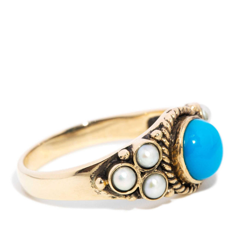 Aizen 1970s Seed Pearl & Turquoise Ring 9ct Gold