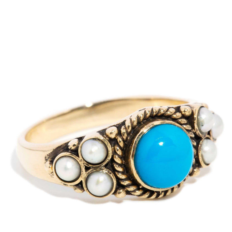 Aizen 1970s Seed Pearl & Turquoise Ring 9ct Gold