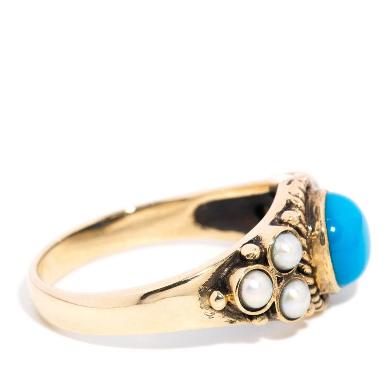 Aizen 1970s Seed Pearl & Turquoise Ring 9ct Gold