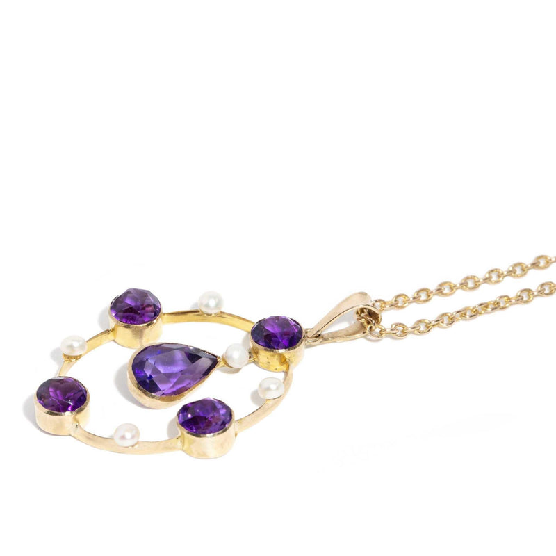 Boheme 1910s Antique Amethyst & Pearl Necklet 8ct Yellow Gold