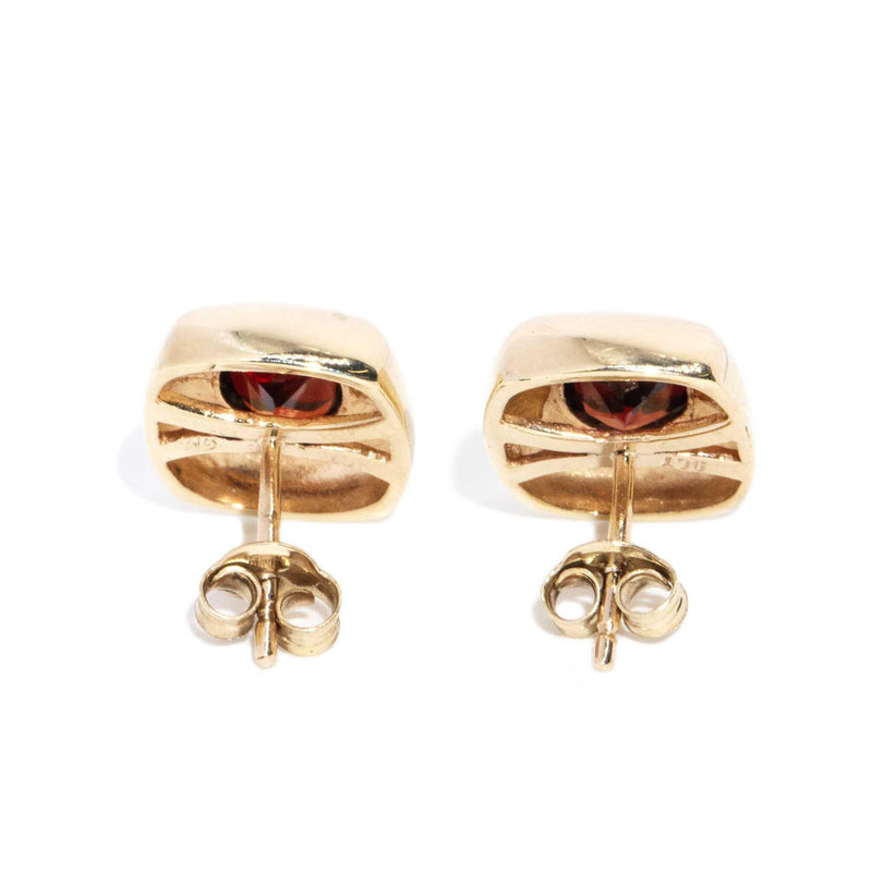 Bastina 1990s Almandine Garnet Cushion Studs 9ct Gold