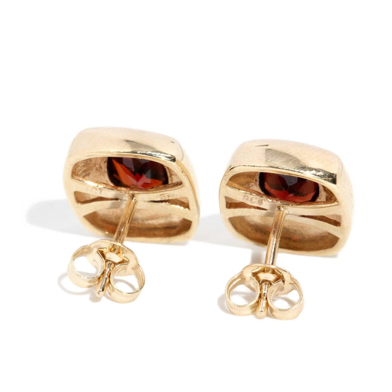 Bastina 1990s Almandine Garnet Cushion Studs 9ct Gold