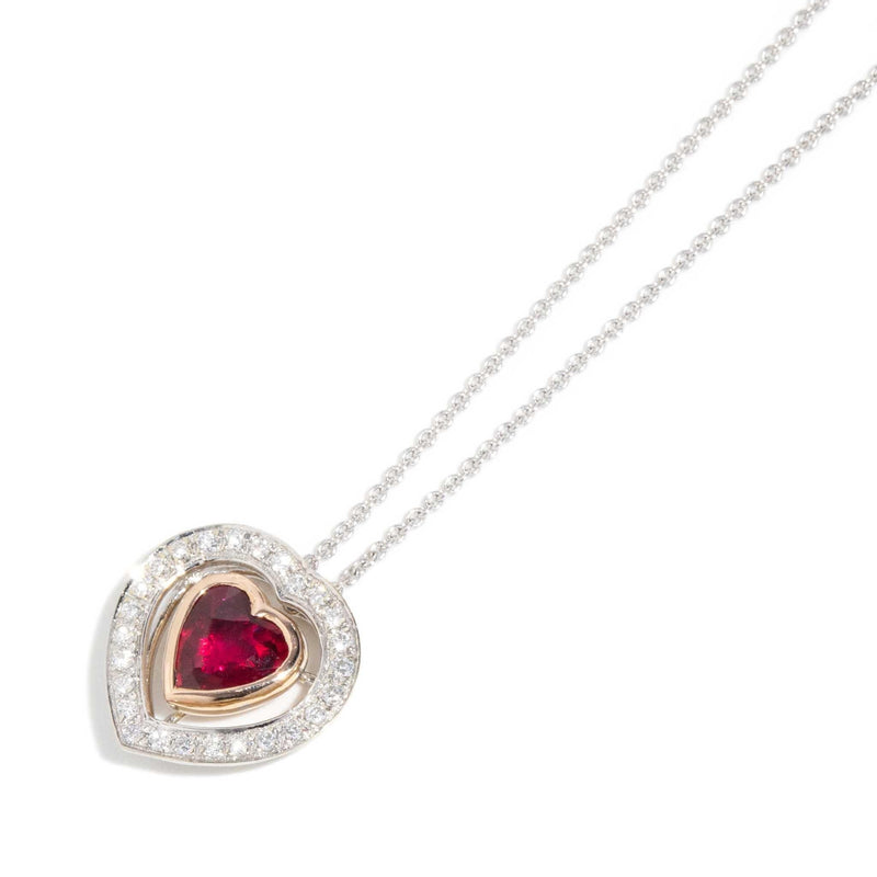 Bonnie Ruby & Diamond Heart Pendant & White Gold Chain 18ct