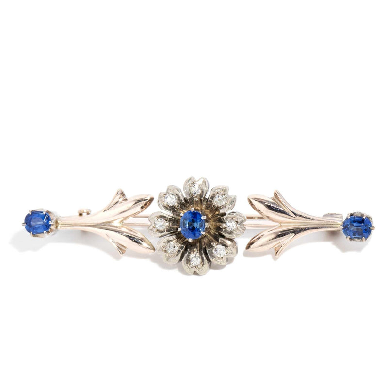 Briella 1930s Sapphire & Diamond Flower Brooch 15ct Gold