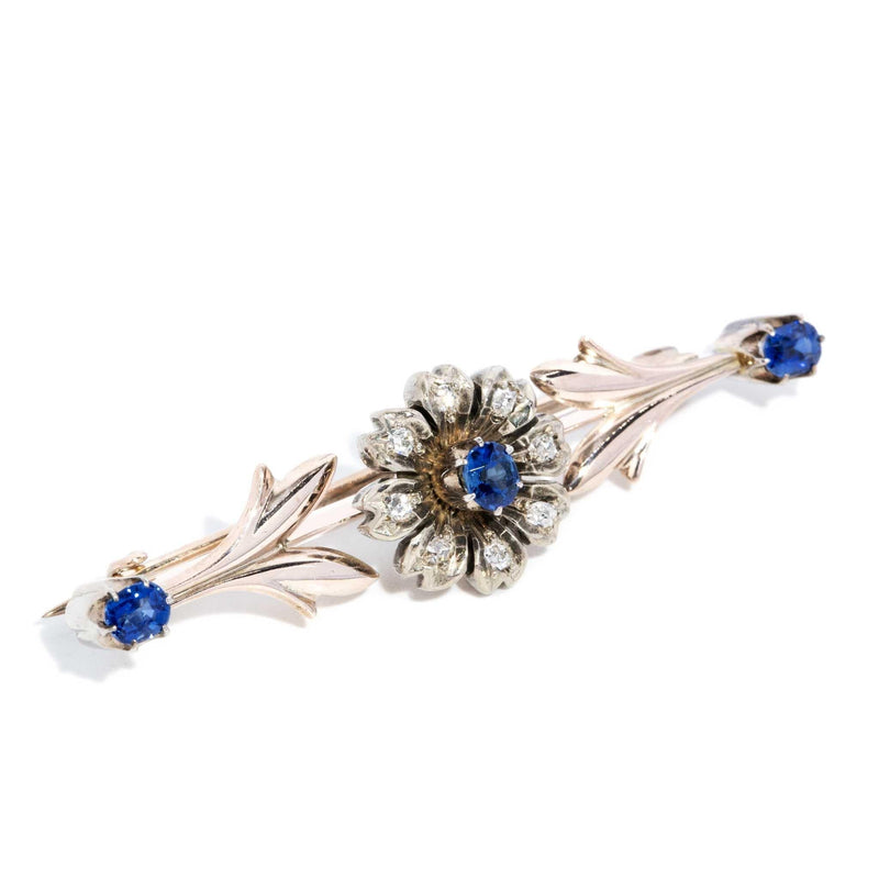 Briella 1930s Sapphire & Diamond Flower Brooch 15ct Gold