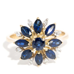 Vintage Circa 1990s Diamond Sapphire Cluster Ring14ct Yellow Gold