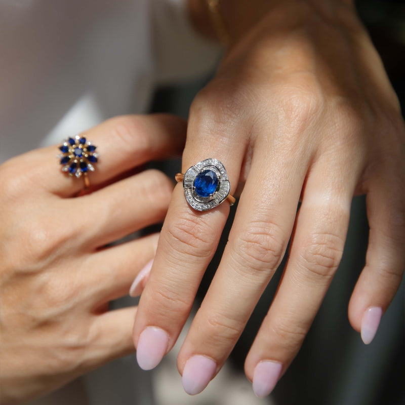 Vintage Circa 1990s Diamond Sapphire Cluster Ring14ct Yellow Gold