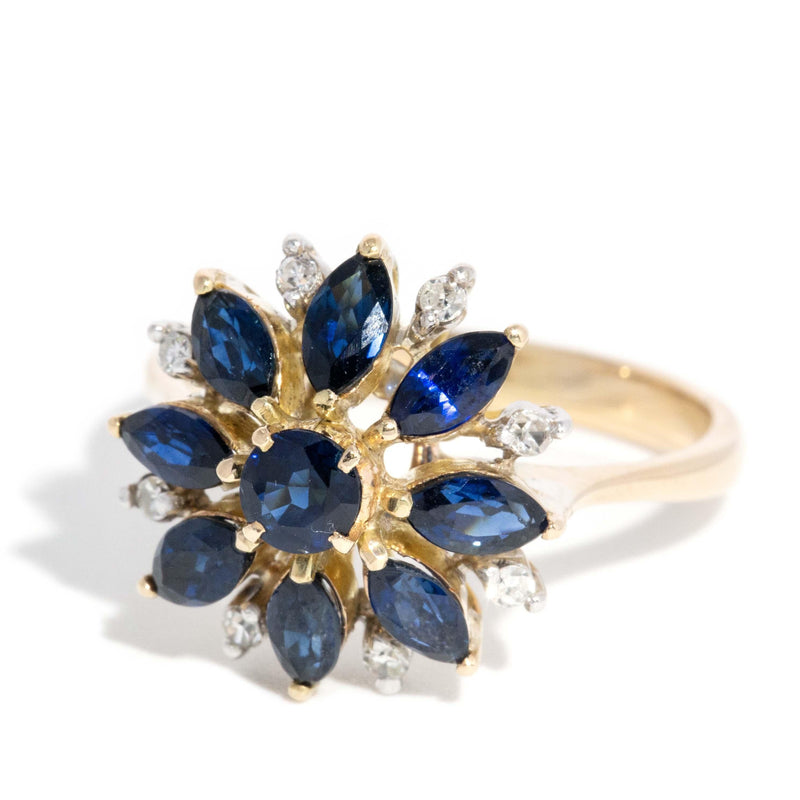 Vintage Circa 1990s Diamond Sapphire Cluster Ring14ct Yellow Gold