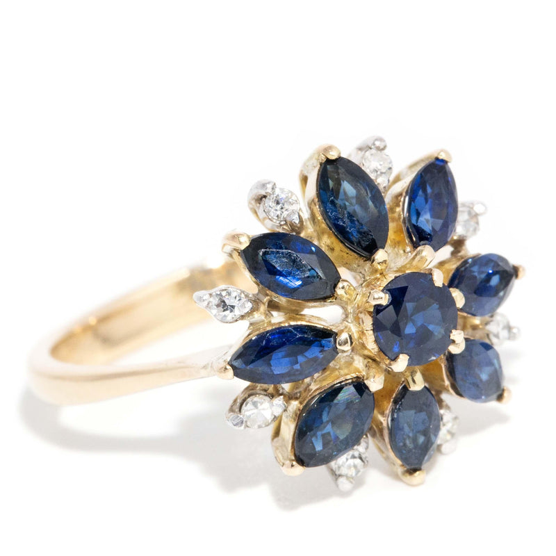 Vintage Circa 1990s Diamond Sapphire Cluster Ring14ct Yellow Gold