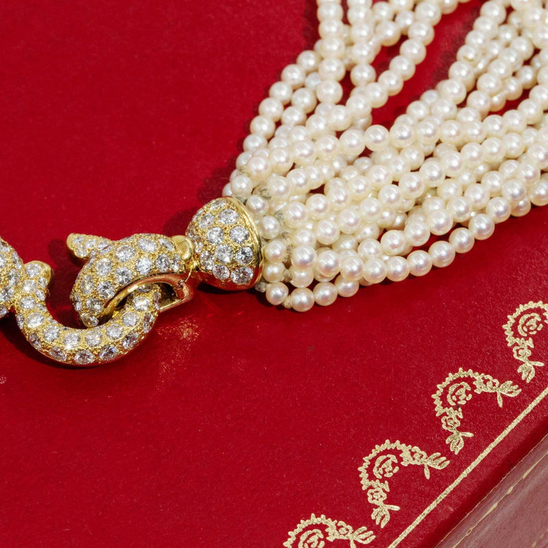 Cartier Pearl Rope Necklace 18ct Gold Diamond Clasp