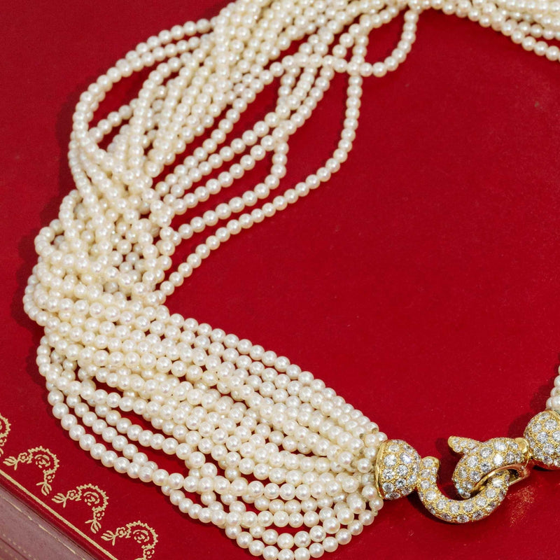 Cartier Pearl Rope Necklace 18ct Gold Diamond Clasp