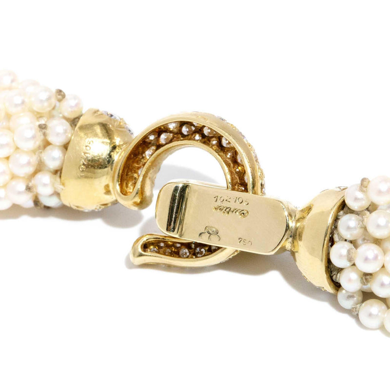 Cartier Pearl Rope Necklace 18ct Gold Diamond Clasp