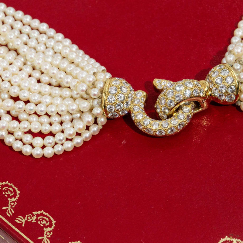 Cartier Pearl Rope Necklace 18ct Gold Diamond Clasp