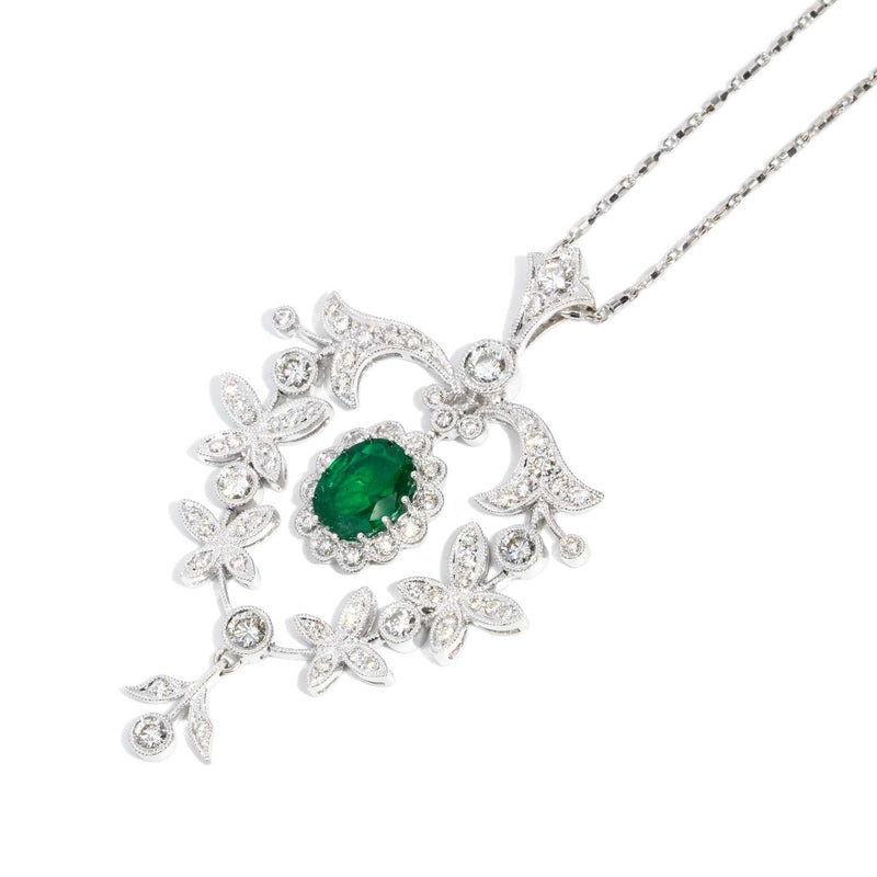 Celina Diamond Emerald Pendant & Chain 18ct White Gold