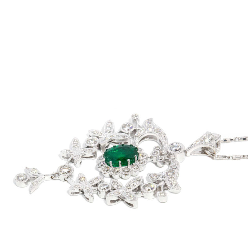 Celina Diamond Emerald Pendant & Chain 18ct White Gold