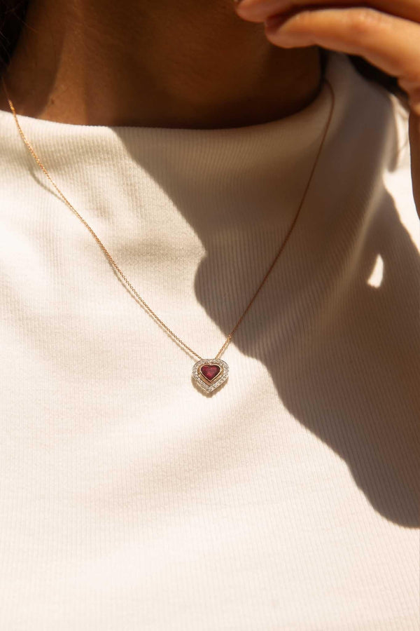 Clyde Ruby & Diamond Heart Pendant & Rose Gold Chain 18ct