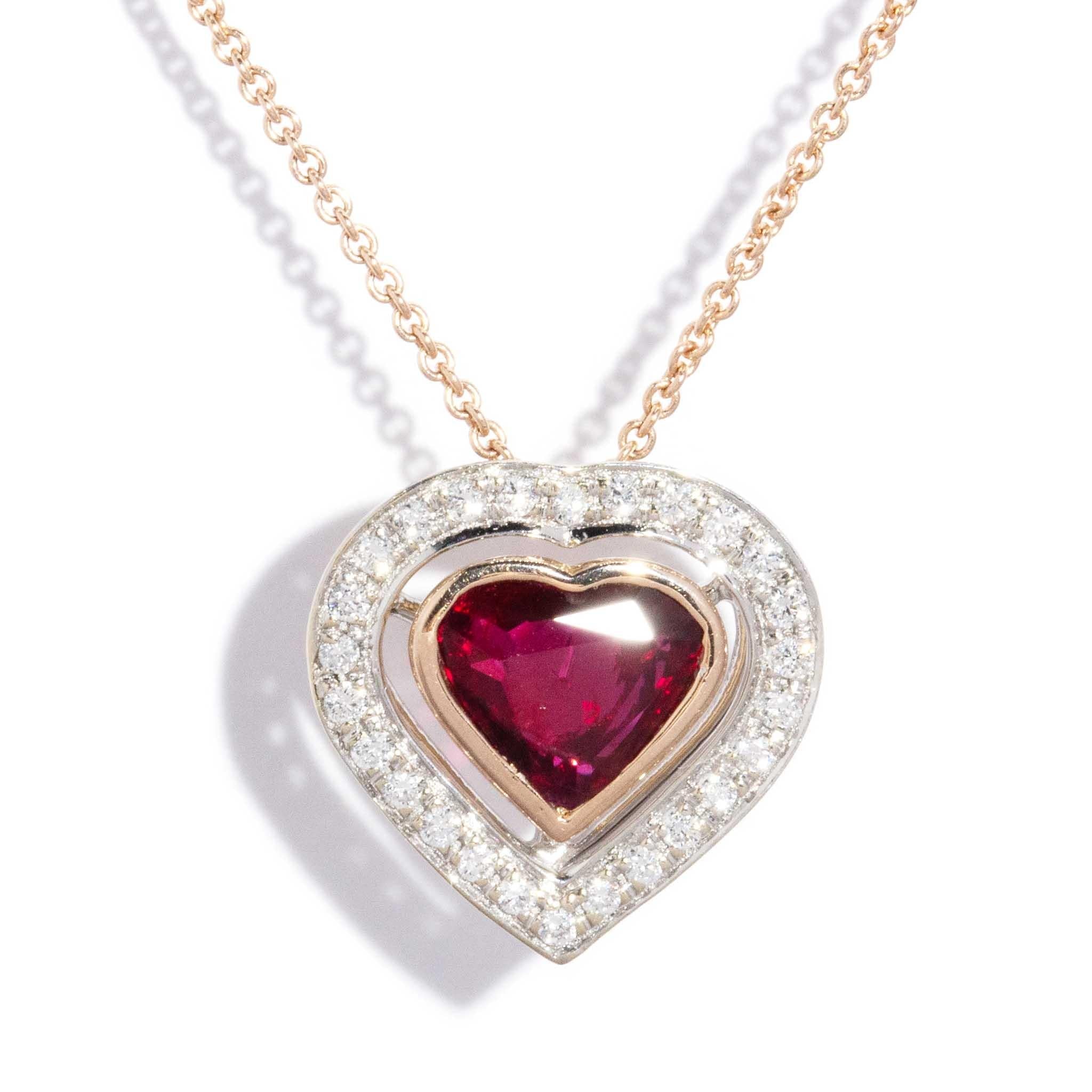 Clyde Ruby & Diamond Heart Pendant & Rose Gold Chain 18ct