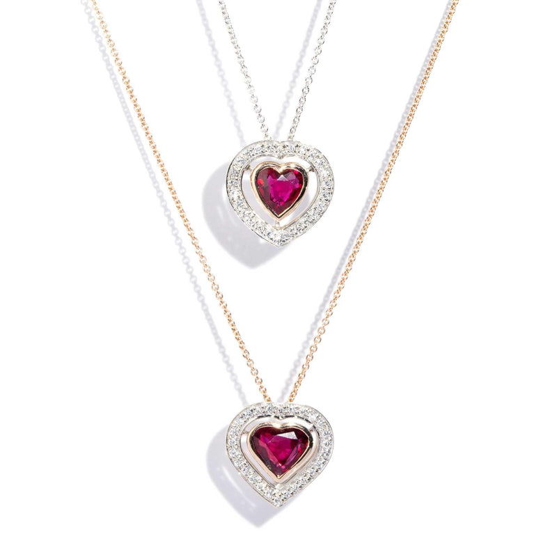 Clyde Ruby & Diamond Heart Pendant & Rose Gold Chain 18ct