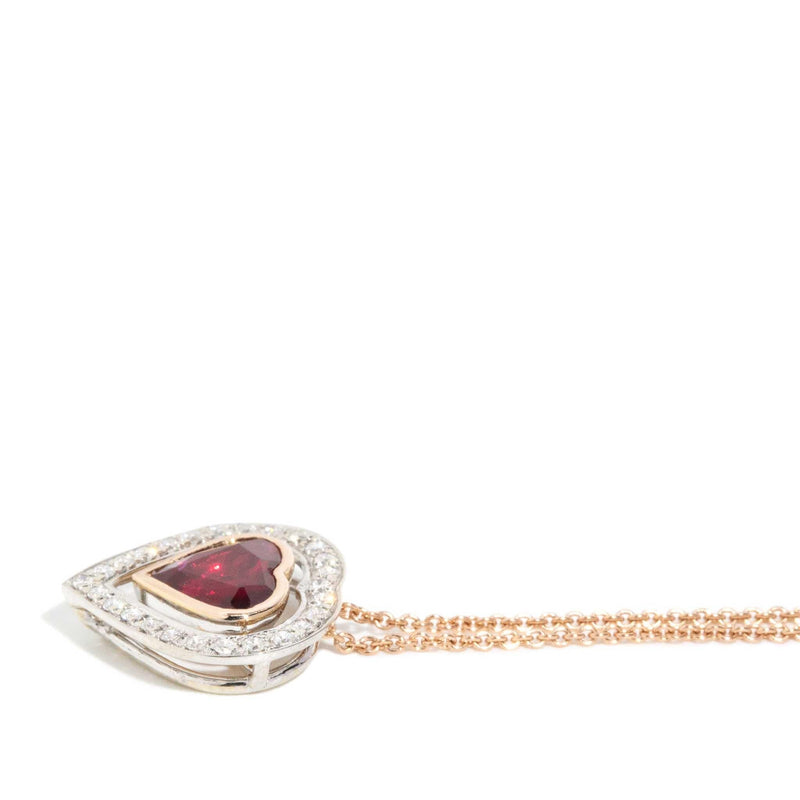 Clyde Ruby & Diamond Heart Pendant & Rose Gold Chain 18ct