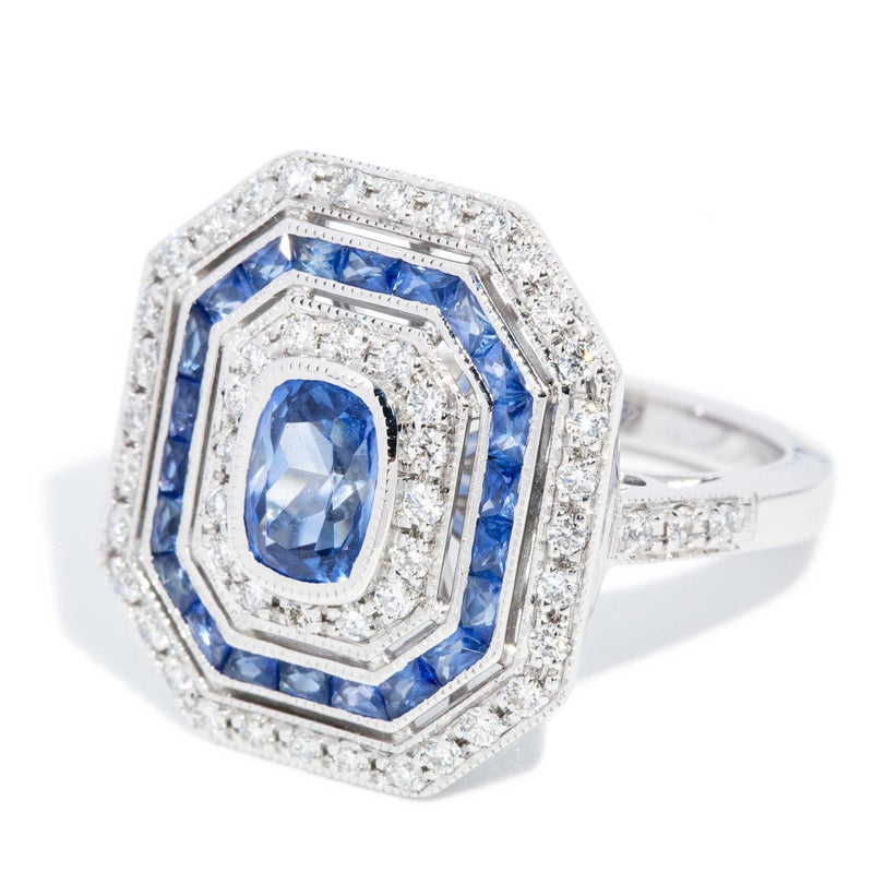 Rosalyn 1.25ct Sapphire & Diamond Art Deco Style Ring 18ct White Gold