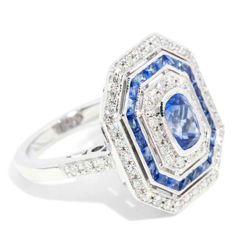 Rosalyn 1.25ct Sapphire & Diamond Art Deco Style Ring 18ct White Gold