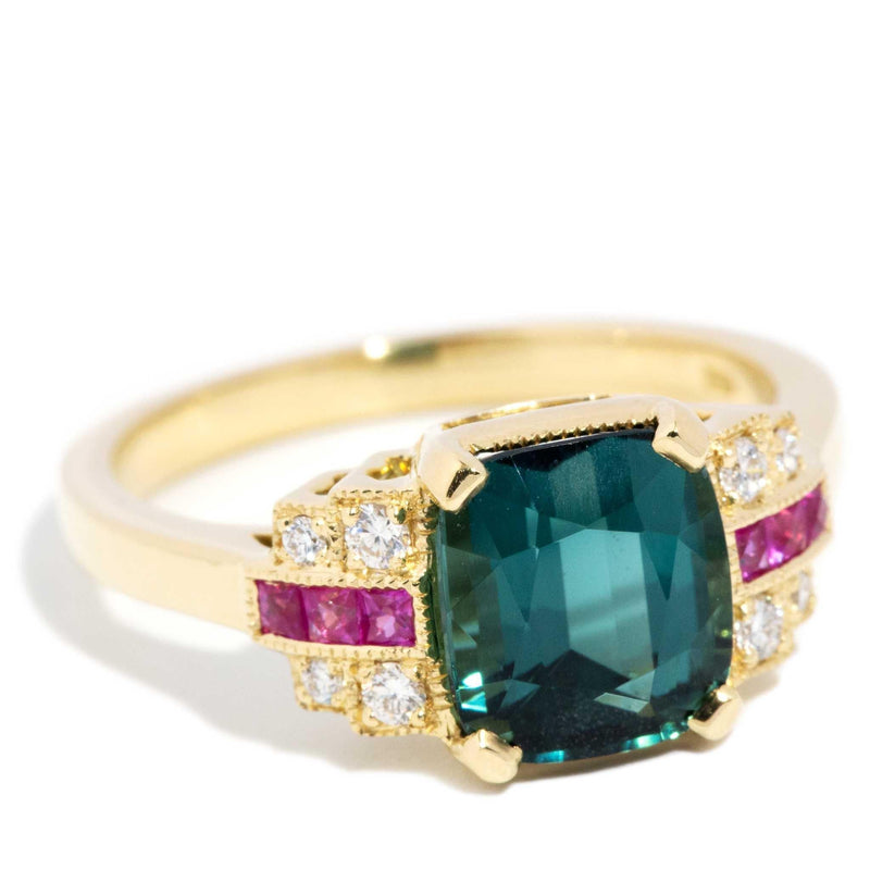 Dorothy 2.50ct Indicolite Tourmaline Ruby & Diamond Ring 18ct Gold