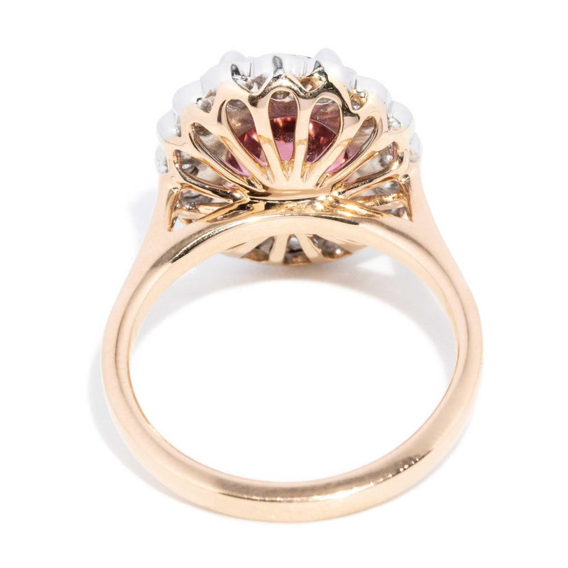 Peru 2.69ct Orangish Pink Tourmaline & Diamond Halo Ring 18ct Gold