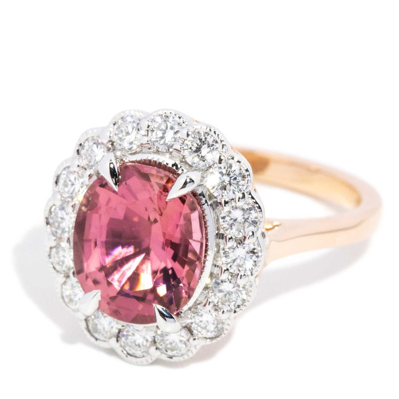 Peru 2.69ct Orangish Pink Tourmaline & Diamond Halo Ring 18ct Gold