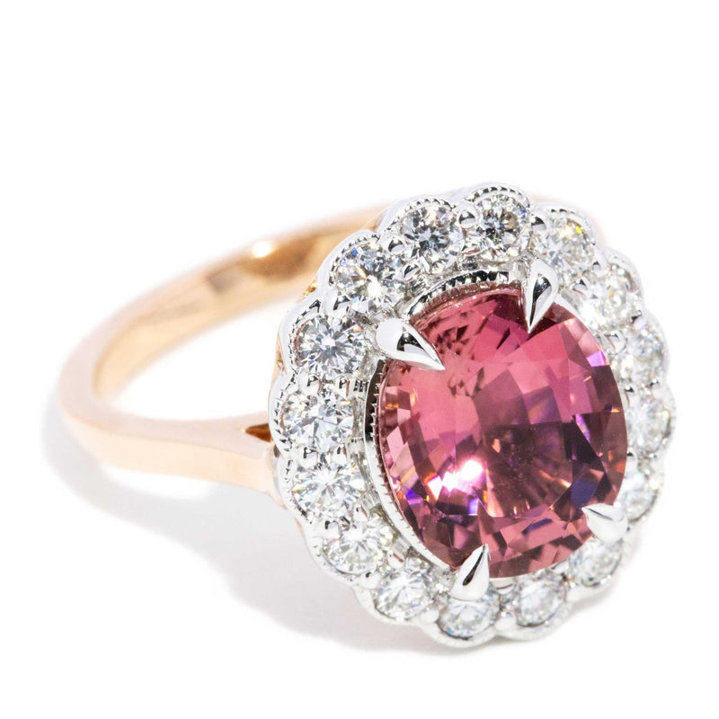 Peru 2.69ct Orangish Pink Tourmaline & Diamond Halo Ring 18ct Gold