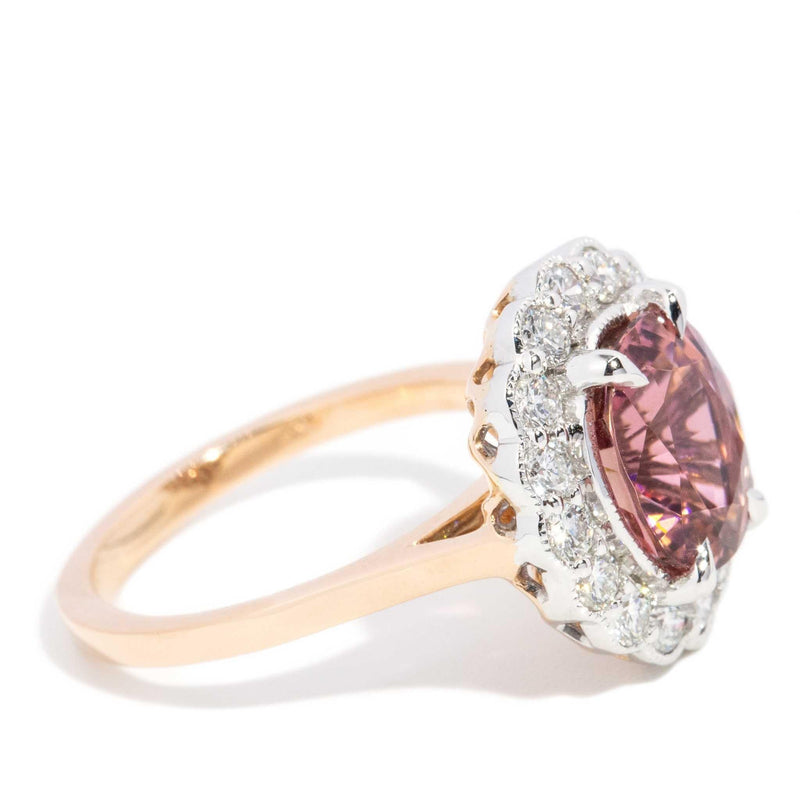 Peru 2.69ct Orangish Pink Tourmaline & Diamond Halo Ring 18ct Gold