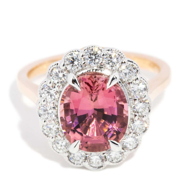 Peru 2.69ct Orangish Pink Tourmaline & Diamond Halo Ring 18ct Gold