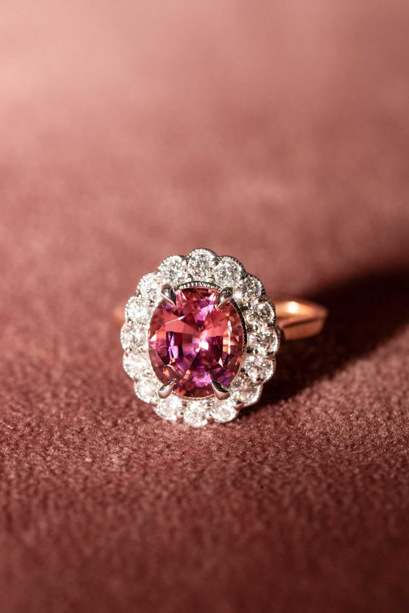 Peru 2.69ct Orangish Pink Tourmaline & Diamond Halo Ring 18ct Gold