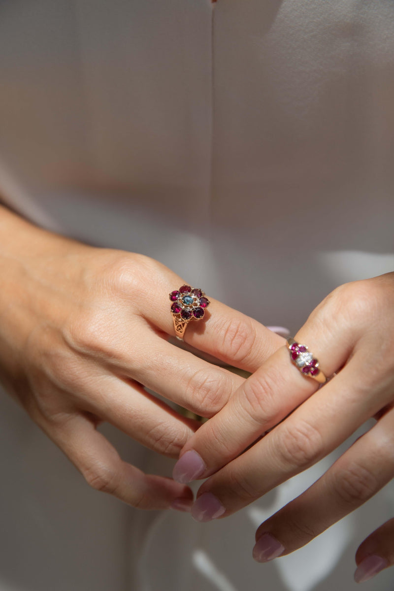 Olive Diamond & Ruby Twin Flower Cluster Ring 14ct Gold