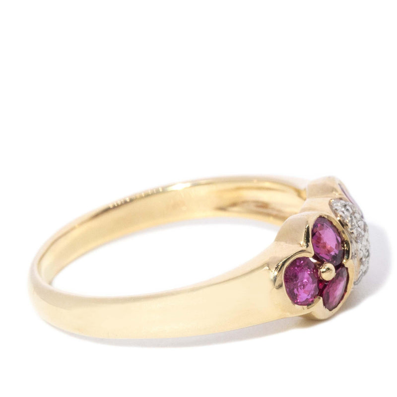 Olive Diamond & Ruby Twin Flower Cluster Ring 14ct Gold