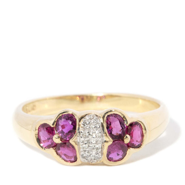 Olive Diamond & Ruby Twin Flower Cluster Ring 14ct Gold