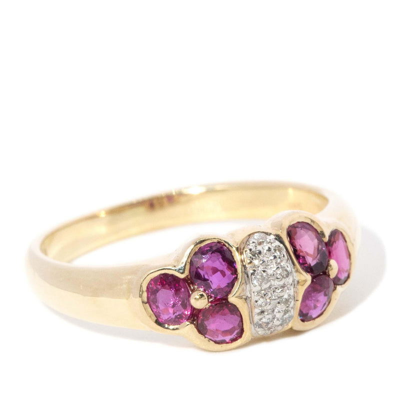 Olive Diamond & Ruby Twin Flower Cluster Ring 14ct Gold