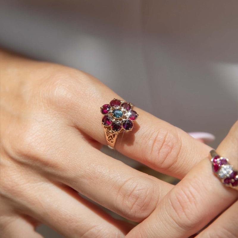 Olive Diamond & Ruby Twin Flower Cluster Ring 14ct Gold