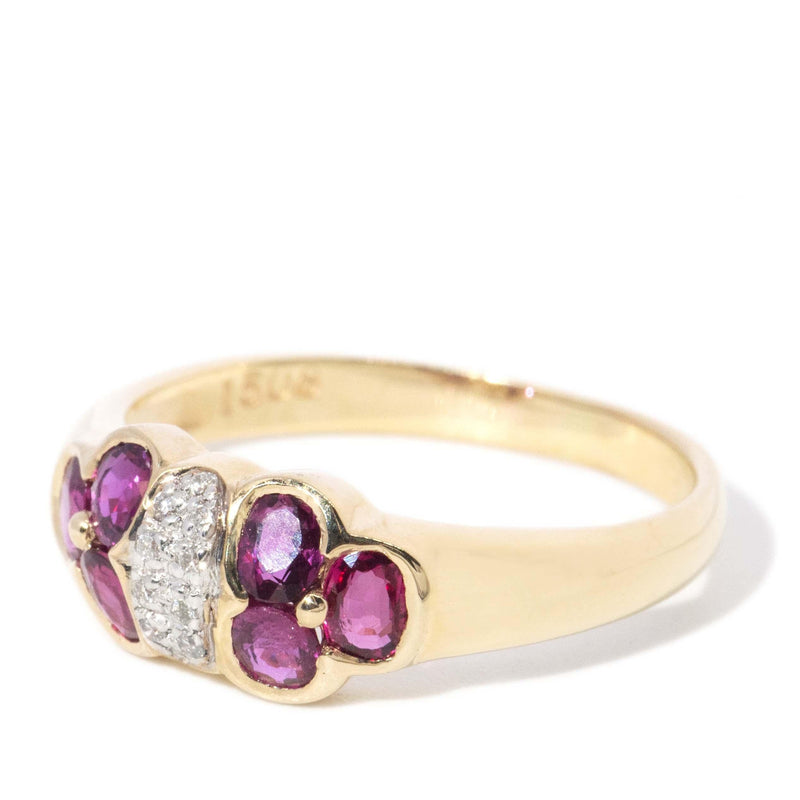 Olive Diamond & Ruby Twin Flower Cluster Ring 14ct Gold