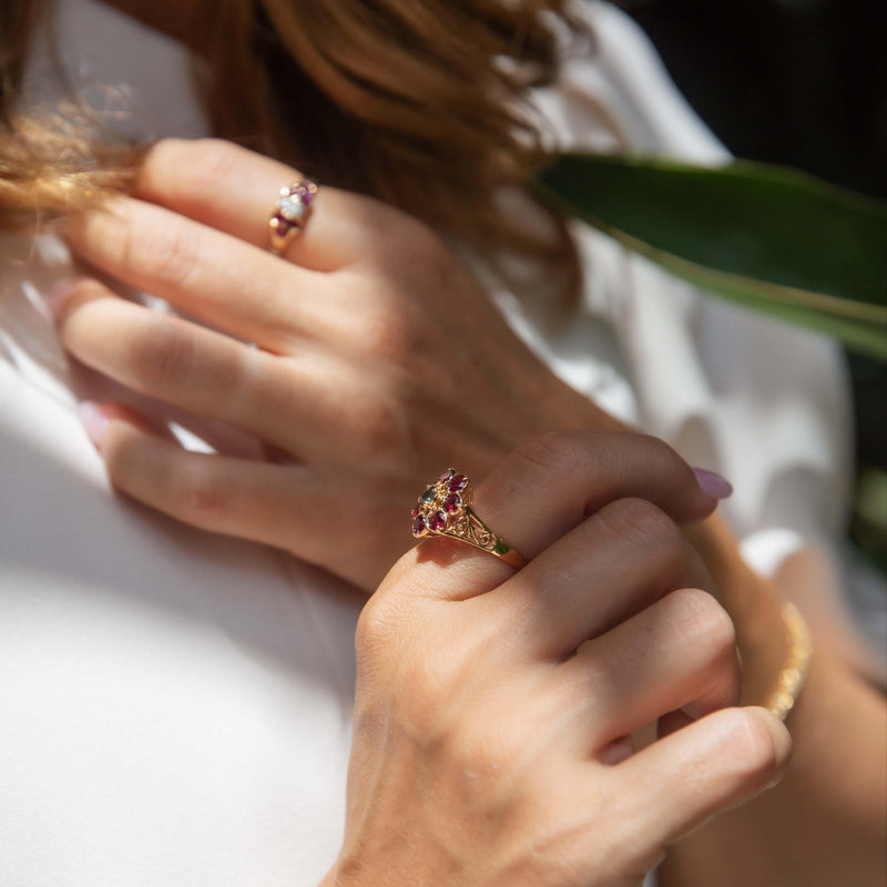 Olive Diamond & Ruby Twin Flower Cluster Ring 14ct Gold