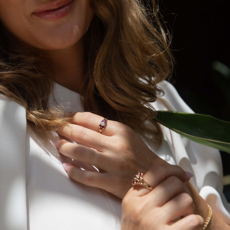 Olive Diamond & Ruby Twin Flower Cluster Ring 14ct Gold