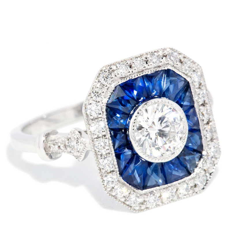 Peregian Sapphire & 1.14ct Diamond Art Deco Inspired Ring 18ct White Gold