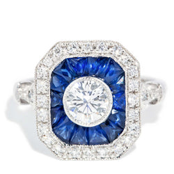 Peregian Sapphire & 1.14ct Diamond Art Deco Inspired Ring 18ct White Gold