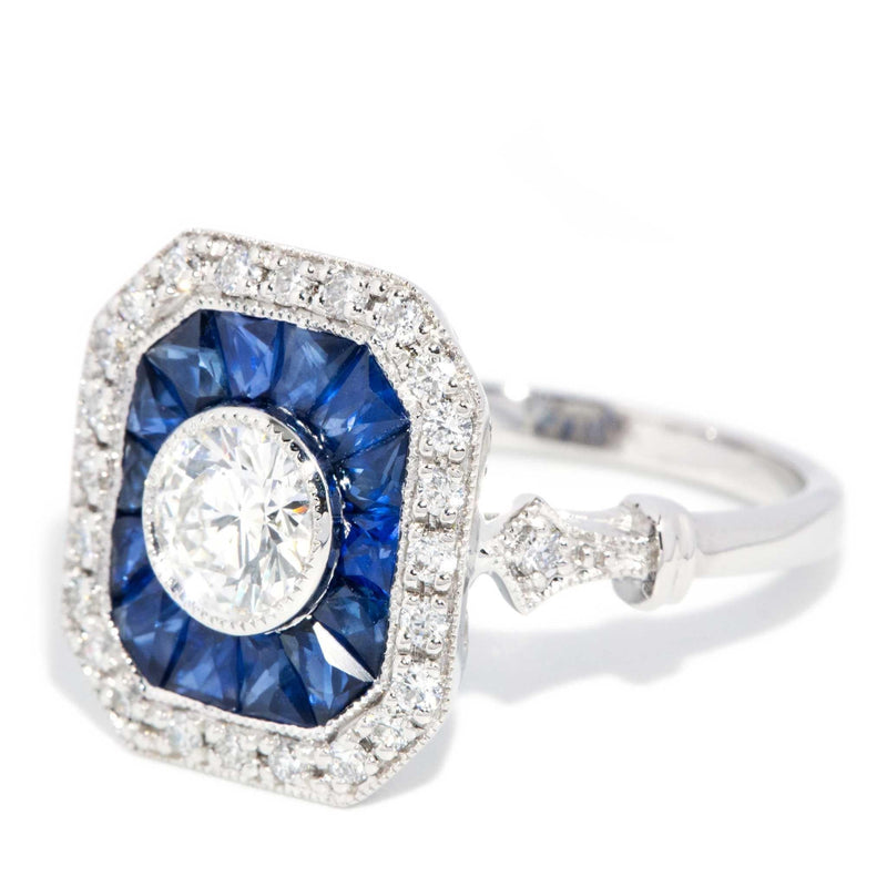 Peregian Sapphire & 1.14ct Diamond Art Deco Inspired Ring 18ct White Gold