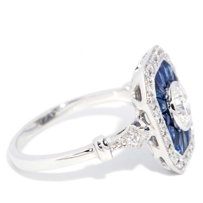 Peregian Sapphire & 1.14ct Diamond Art Deco Inspired Ring 18ct White Gold