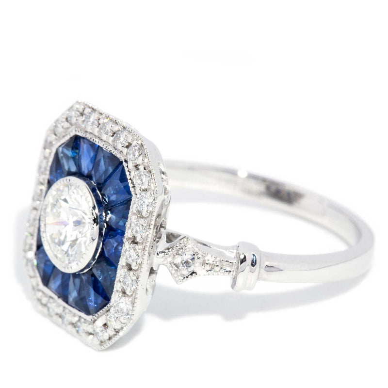 Peregian Sapphire & 1.14ct Diamond Art Deco Inspired Ring 18ct White Gold